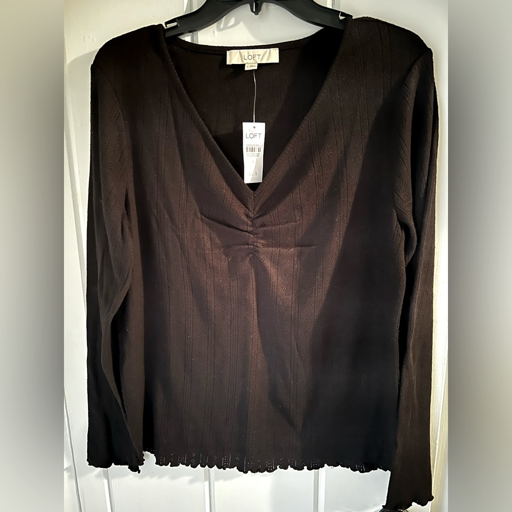 LOFT Black long sleeve v-neck,super soft Pointelle Knit top,Size Large, NWT - Picture 5 of 5
